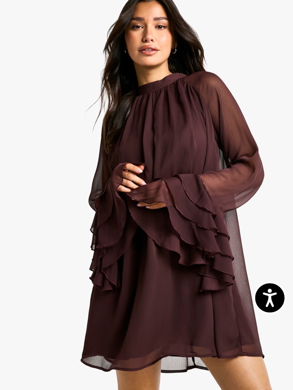 Boohoo Ruffled Long-Sleeve Mini Dress in Plum